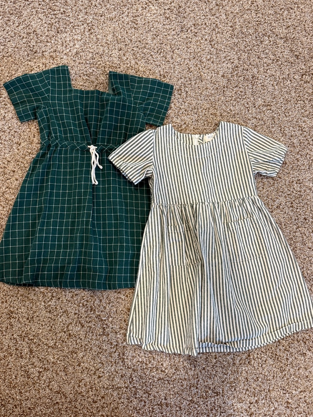 Roolee Green Windowpane Cotton Dress & Cream Stripe Dress Duo